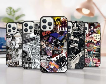 Grunge Rock Music Collage Phone Case, Black Themed Cover
