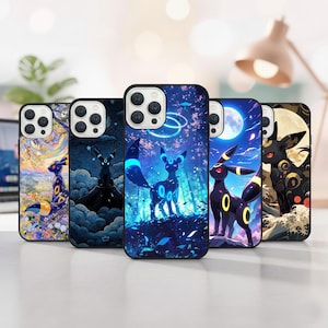 May include: Five phone cases with unique designs featuring a black creature with yellow accents. The cases have a black border and showcase various backgrounds, including a forest, a full moon, and a landscape.