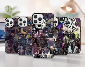 May include: Five phone cases with dark, gothic-themed designs. Each case features a unique collage of celestial elements, candles, and mystical imagery in shades of purple, black, and white. The cases are displayed on a light-colored surface.