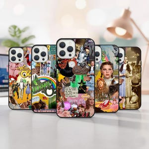 May include: Several phone cases showcasing collages of images from "The Wizard of Oz." The cases feature characters, scenes, and quotes from the film, with a range of colours and designs.