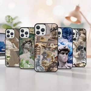 May include: A collection of phone cases with black borders, each featuring a unique design. The designs include images of classical sculptures, collages with vintage paper elements, and artistic renderings of clouds and statues.
