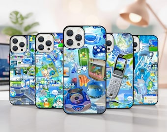 May include: A collection of phone cases with a vibrant blue and white design. Each case features a unique collage of retro imagery, including a flip phone, CD player, and aquarium. The cases have black borders and are arranged in a row.