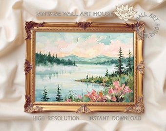 Misty Lake Landscape Printable, Soft Nature Painting, Serene Mountain Wall Art (Digital Download)