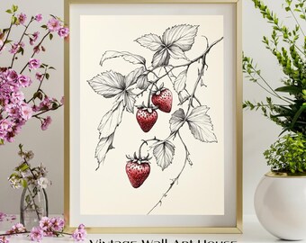 Vintage botanische print aardbei - Cottagecore Farmhouse Decor (digitale download)