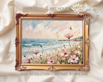 Coastal Wildflower Meadow Wall Art, Printable Vintage Floral Seaside Scene, Pastel Cottagecore Ocean Decor, Impressionist Beach Painting