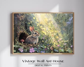 Cottagecore Rabbit Burrow Print – Vintage Woodland Wall Art (Digital Download)
