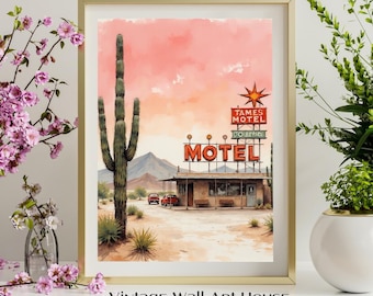 Vintage Desert Motel Printable Wall Art - Retro Neon Sign, Classic Car, Saguaro Cactus, Southwest Americana Decor, Watercolor Download 273