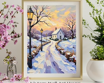 Impresión de cabaña invernal estilo cottagecore, arte vintage con paisaje nevado, decoración de pared acogedora, escena de cabaña serena, descarga digital para el hogar 147