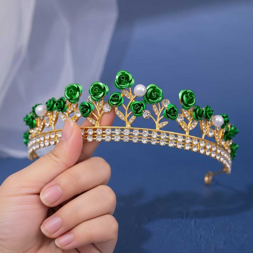 Birthday Girl Crown - Green Floral Princess Crown - Wedding  display picture 1