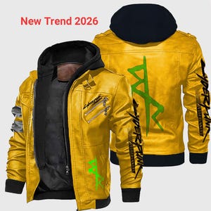 May include: A yellow leather jacket with a black hood and lining. The jacket features multiple zippers, green and black graphics, and the text "Cyberpunk" on the front and sleeves. The words "New Trend 2026" are in the top left corner.
