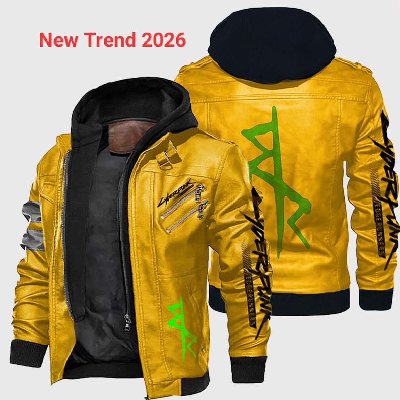 May include: A yellow leather jacket with a black hood and lining. The jacket features multiple zippers, green and black graphics, and the text "Cyberpunk" on the front and sleeves. The words "New Trend 2026" are in the top left corner.