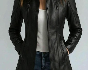 Handmade Genuine Leather Jacket : Women's Black Moto Coat