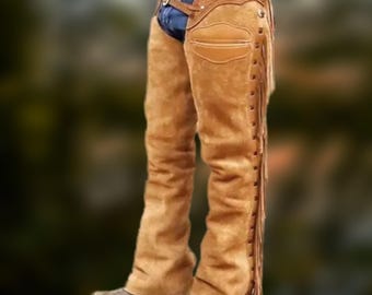 Mens Suede Leather Western Chaps: Cowboy Riding Pants with Fringes