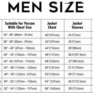 May include: A size chart for men's jackets, with measurements in inches and centimeters. The chart includes chest size, jacket chest, sleeve length, and shoulder width for sizes XXSmall to XXXXLarge.