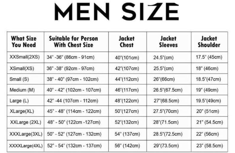 May include: A size chart for men's jackets, with measurements in inches and centimeters. The chart includes chest size, jacket chest, sleeve length, and shoulder width for sizes XXSmall to XXXXLarge.