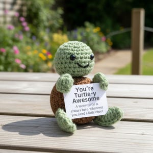 Puede incluir: Una figura de tortuga de ganchillo con cabeza y extremidades verdes y caparazón marrón. La tortuga sostiene un letrero blanco que dice "You're Turtle-y Awesome". El fondo es una superficie de madera con vegetación borrosa.