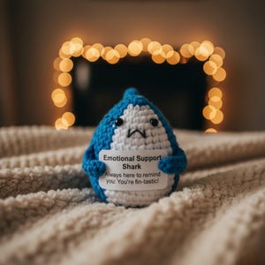 May include: A handmade blue and white crochet shark holding a sign that reads "Emotional Support Shark." The sign also says "Always here to remind you: You're fin-tastic!" The shark is sitting on a soft, cream-colored blanket.