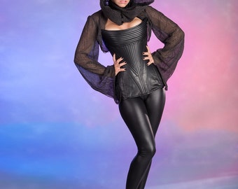 Leather Grim Reaper Corset with French Lace Shrug and Hood