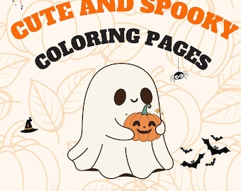 May include: A Halloween-themed digital art piece with the text "CUTE AND SPOOKY COLORING PAGES." A friendly ghost holds an orange pumpkin. Additional elements include a witch, bats, a spider, and a witch's hat. The words "Instant download" are at the bottom.
