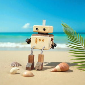 May include: A wooden robot toy with a light beige body, brown accents, and silver legs stands on a sandy beach. The robot has a rectangular body and head, with small black eyes. Seashells and a palm frond are in the background.