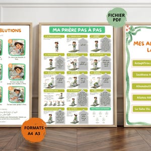 May include: Three educational posters featuring instructional illustrations for Islamic prayer and ablution steps. The central poster titled Ma Prière Pas à Pas displays numbered steps with Arabic text and illustrations of a child performing prayer rituals.