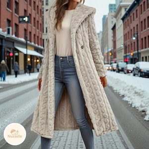 Long Hooded Cable Knit Winter Coat, Soft Thick Warm Elegant Full-Length Jacket
