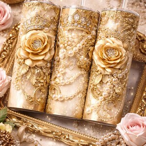 5+ copribicchieri gratuiti / Copribicchiere con rose dorate e perle 3D / Design con strass Regencycore