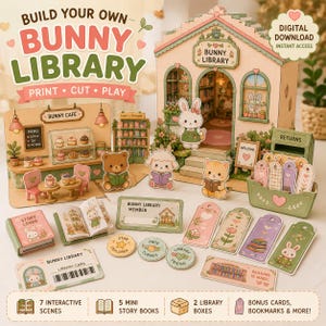 Zestaw do zabawy „Biblioteka Bunny Cafe” | Zestaw do samodzielnego druku 3D z papieru (do pobrania w wersji cyfrowej)