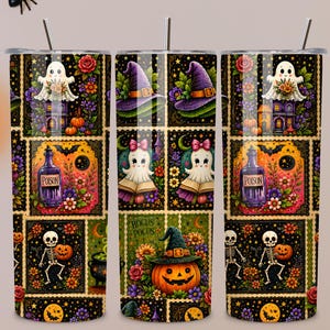 May include: A cylindrical metal tumbler with a straw featuring a repeating Halloween pattern of ghosts, purple witch hats, poison bottles, skeletons, and jack-o'-lanterns. The design includes floral accents and the text Hocus Pocus on a dark background.
