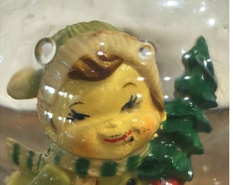 Vintage Christmas Snow Globe Boy with Tree Figurine Green Winter Outfit Dome