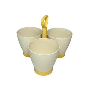 May include: A vintage three-compartment serving caddy with a yellow handle. The caddy has three cream-colored, cone-shaped containers with yellow bases. The handle is also yellow. The caddy is designed to hold and serve various items.