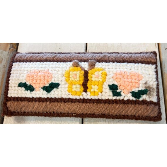 Vintage Handmade Needlepoint Glasses Case Butterfly Flower Folk Art Brown Cream