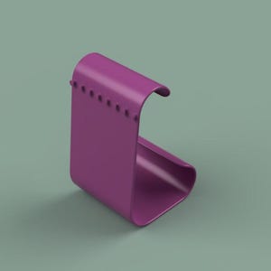 May include: A magenta-colored, curved, modern-style phone stand. The stand has a rectangular base and a curved top, with a series of small, evenly spaced holes along the edge. The stand is made of a smooth, solid material.