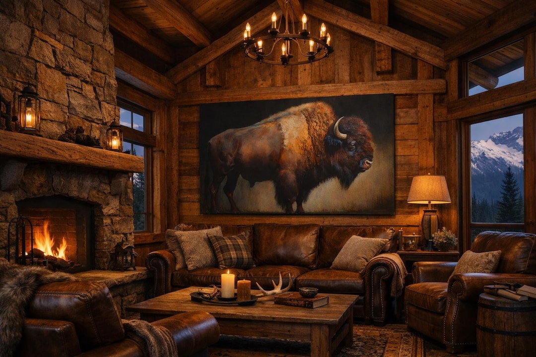 Rustic Bison Canvas Wall Art: Western Lodge Wildlife Decor - Etsy