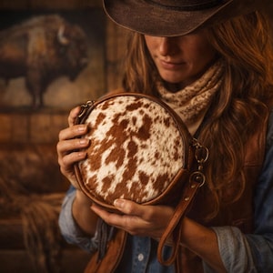 Puede incluir: Bolso redondo de cuero de vaca con estampado de manchas marrones y blancas. El bolso tiene una correa de cuero marrón y una cremallera dorada. El fondo incluye una pintura de un bisonte y una persona con sombrero de vaquero.