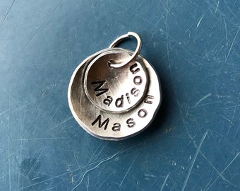 Name Pendant, Round metal charm, Hand stamped charm, Layered charm for your DIY jewelry project