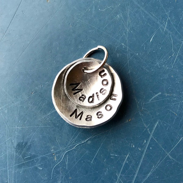 Name Pendant, Round metal charm, Hand stamped charm, Layered charm for your DIY jewelry project