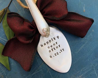 Christmas, Wedding or Engagement Hand Stamped Vintage Spoon Happily ever after Ornament