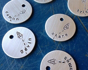 Name tag for kids stuff, Rocket party decor, favor, space party, hand stamped tag, party favor tag, name charm, gift tag, boy birthday