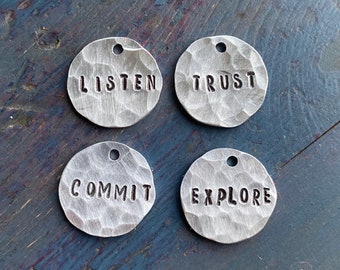 Custom word charms, word of the year, label your stuff, tags for your things, horse tack or pet supplies, kids, pets, brass, silver