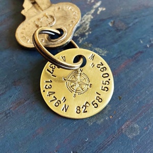 Coordinate keychain, GPS, Latitude, Longitude, Valentine's Day, graduation, Where it all began, Special Place, round brass