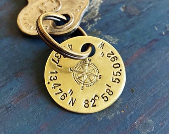 Coordinate keychain, GPS, Latitude, Longitude, Valentine's Day, graduation, Where it all began, Special Place, round brass