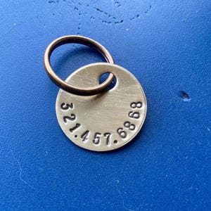 K&ouml;nnte beinhalten: Eine kreisf&ouml;rmige Haustier-Identifikationsmarke aus Messing mit geb&uuml;rsteter Metalloberfl&auml;che und einem dunkelbronzefarbenen Spaltring. Die Marke ist mit der Zahlenfolge 321.457.6868 in einer einfachen serifenlosen Schriftart gepr&auml;gt.
