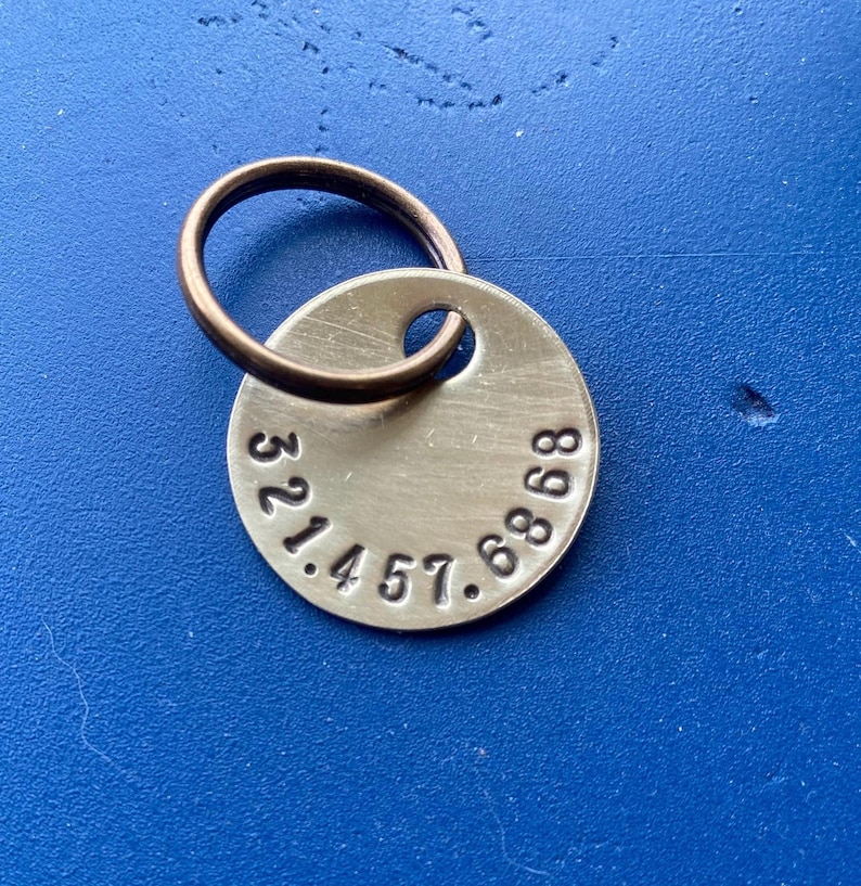 K&ouml;nnte beinhalten: Eine kreisf&ouml;rmige Haustier-Identifikationsmarke aus Messing mit geb&uuml;rsteter Metalloberfl&auml;che und einem dunkelbronzefarbenen Spaltring. Die Marke ist mit der Zahlenfolge 321.457.6868 in einer einfachen serifenlosen Schriftart gepr&auml;gt.