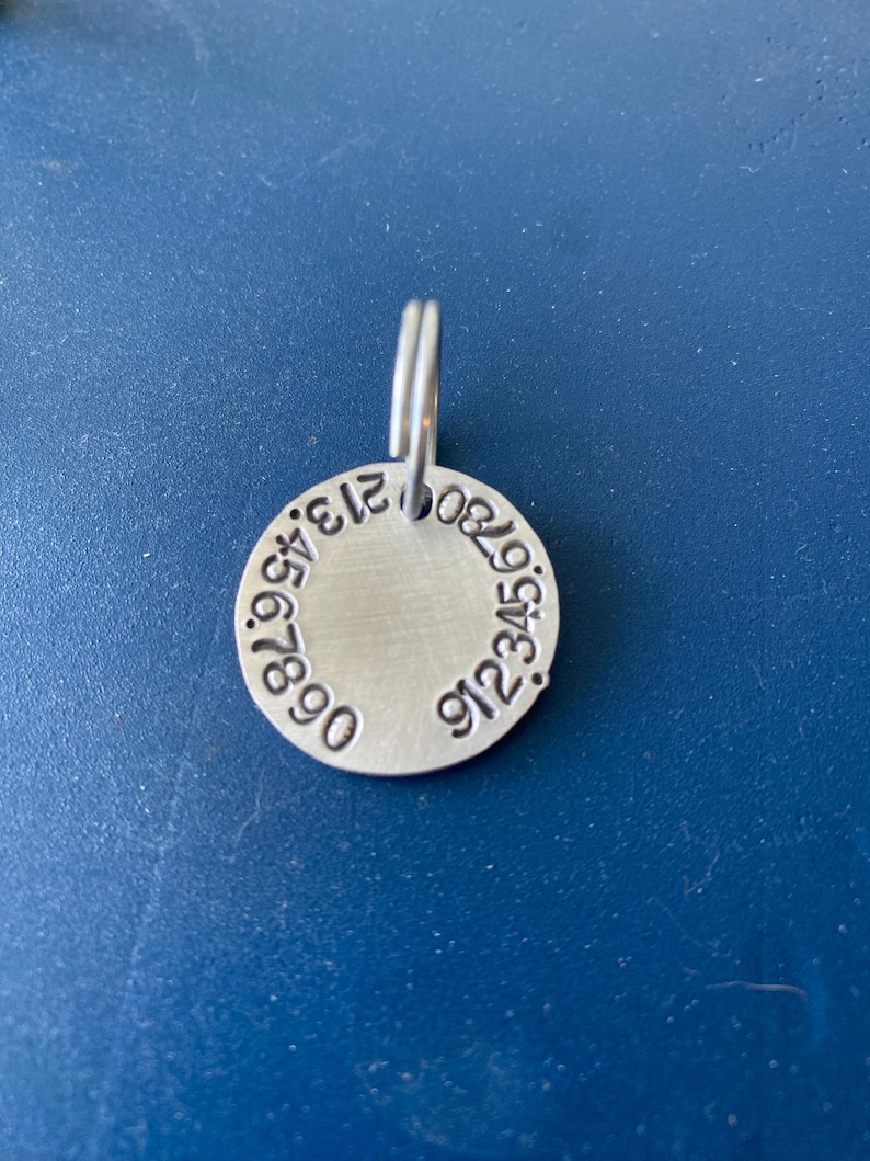 K&ouml;nnte beinhalten: Eine kreisf&ouml;rmige Haustiermarke aus silberfarbenem Metall mit geb&uuml;rsteter Oberfl&auml;che. Der Rand der Marke ist mit den Zahlen 01234567890 in einem kreisf&ouml;rmigen Muster gepr&auml;gt. Ein kleiner silberfarbener Spaltring ist oben an der Marke befestigt.
