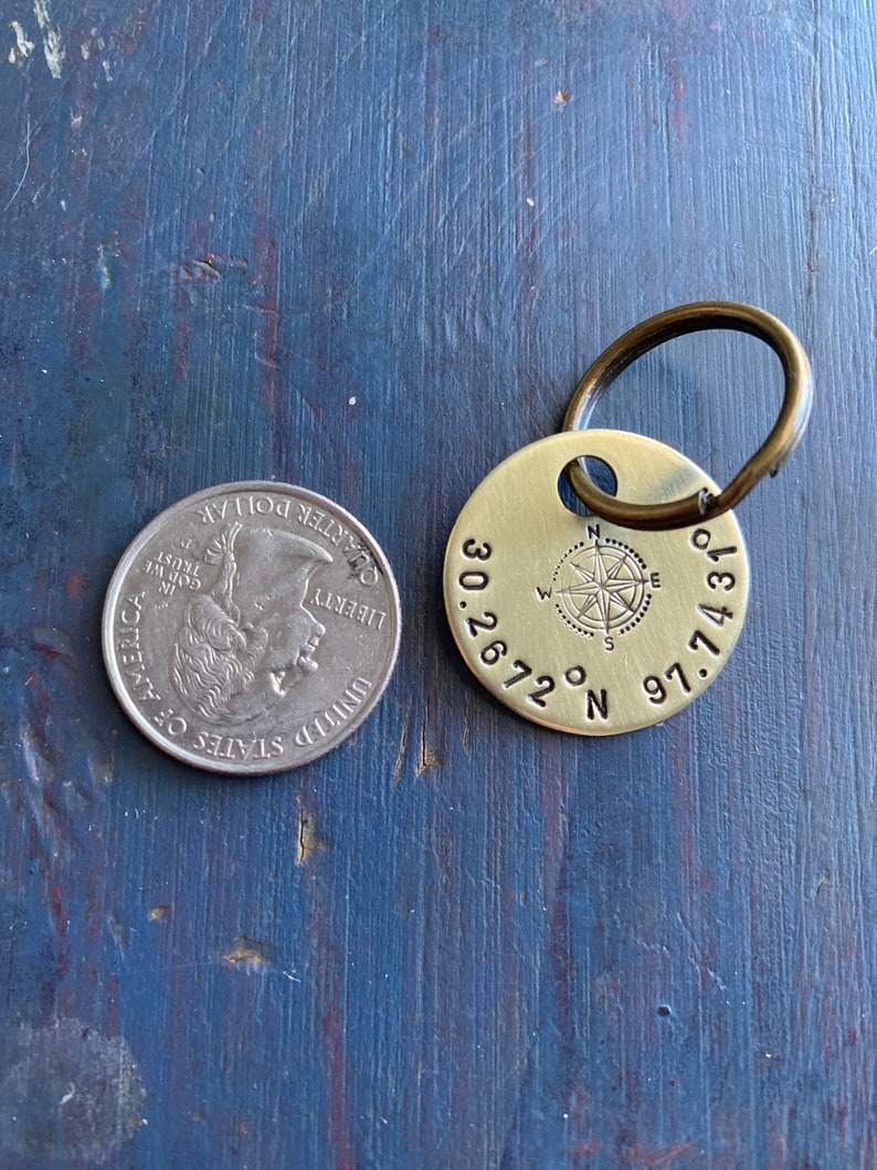 Coordinate keychain, GPS, Latitude, Longitude, Valentine's Day, graduation, Where it all began, Special Place, round brass image 3