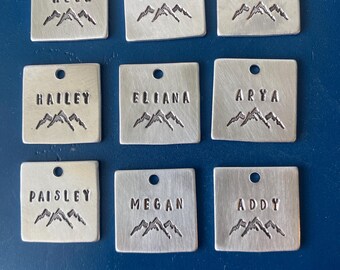 Hand Stamped Aluminum Mountain Name Tag, Luggage, Pet, Key Charm