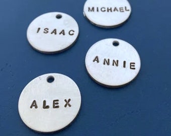 Custom word charms, 3/4 inch, word of the year, label your stuff, tags for your things, horse tack or pet supplies, kids, pets, silver