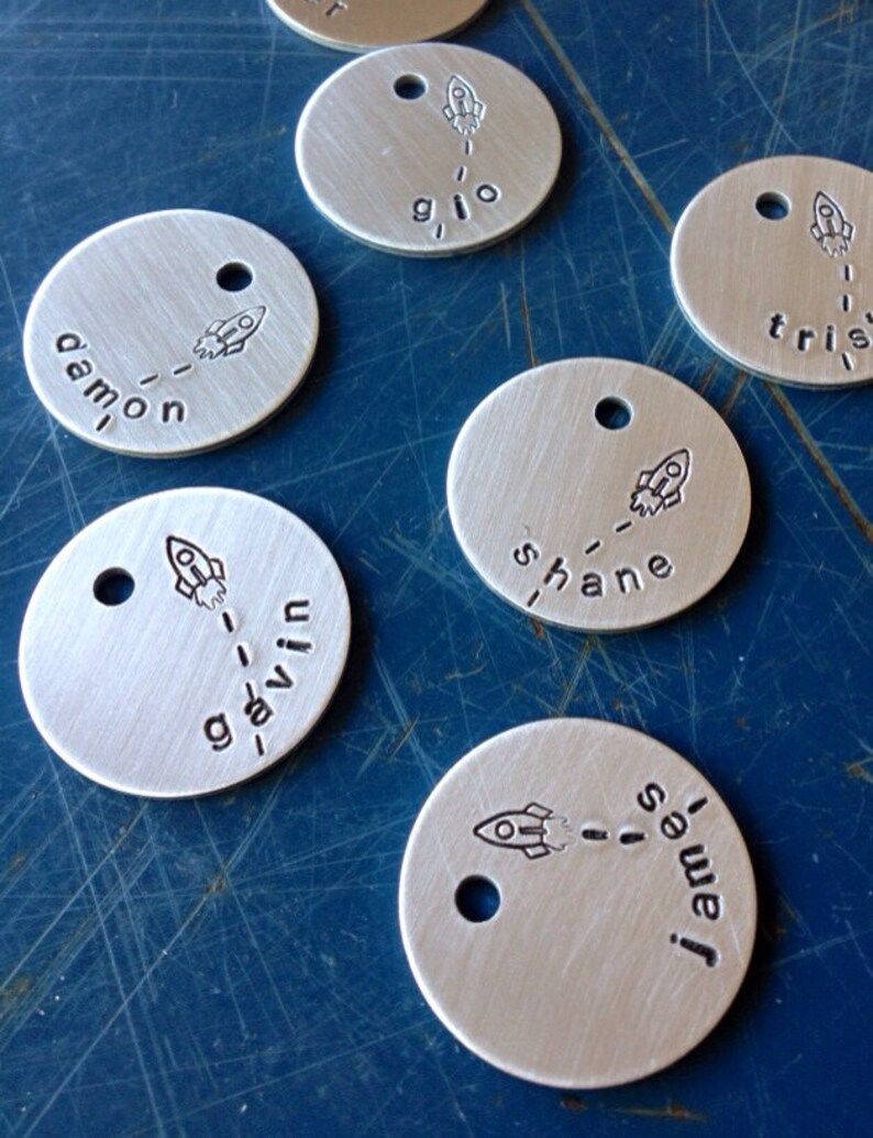 favor boy birthday hand stamped tag space party party favor tag gift tag name charm Rocket party decor