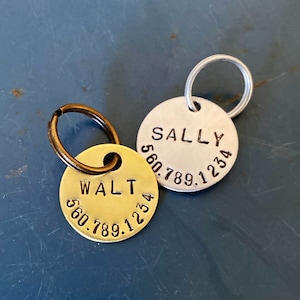 Dog Tag, Pet ID tags, Personalized,  simple, metal, round , name and phone number, pets, dogs, cats, gift for pet owner, brass or silver